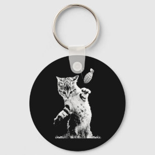 Cat Throwing Grenade Funny Kitty Cat Grenade Scene Keychain