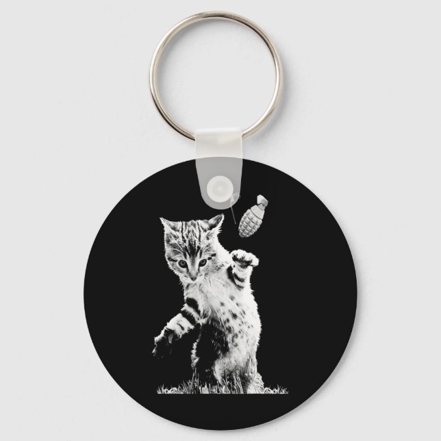 Cat Throwing Grenade Funny Kitty Cat Grenade Scene Keychain (Front)