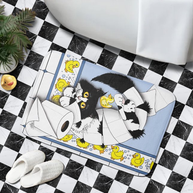 Cat Toilet Paper Blue Yellow Bathroom Mat (Creator Uploaded)