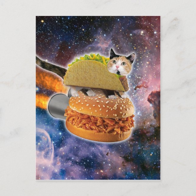 Cat traveling on a rocketburger postcard (Front)