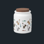 Cat Treat Jar<br><div class="desc">Whimsical cat treat jar in a white ceramic, with a cork lid, and fun cartoon graphics of colorful kitties and fish all around the jar. Customize to add text. Fun jar for your furry feline's treats.</div>