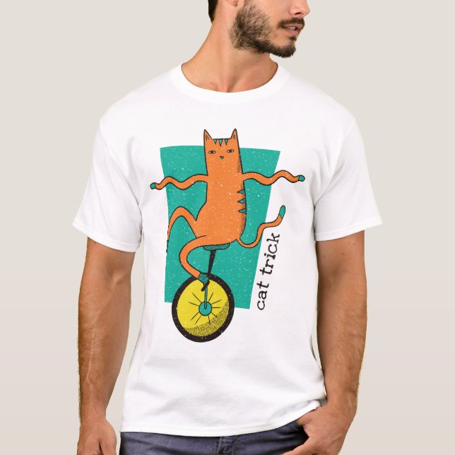 Cat Trick Funny Tabby Cat Riding a Unicycle T-Shirt (Front)