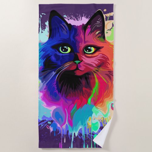 Cat Trippy Psychedelic Pop Art  Beach Towel