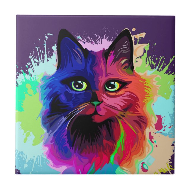 Cat Trippy Psychedelic Pop Art  Ceramic Tile (Front)