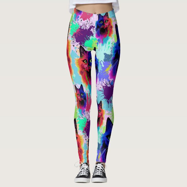 Cat Trippy Psychedelic Pop Art  Leggings (Front)