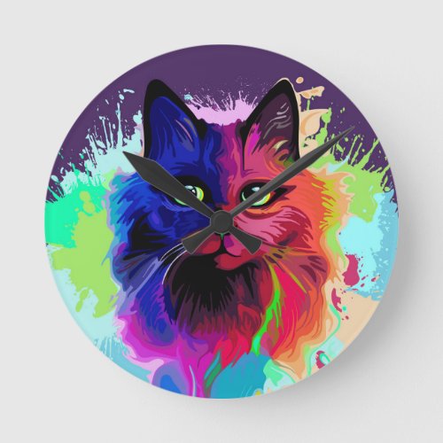 Cat Trippy Psychedelic Pop Art  Round Clock