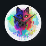 Cat Trippy Psychedelic Pop Art  Round Clock<br><div class="desc">Psychedelic Trippy Pop Art Cat Portrait on Colorful Paint Splatters. Original Vector IllustrationCopyright BluedarkArt TheChameleonArt.</div>
