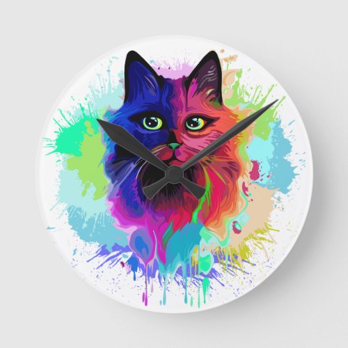 Cat Trippy Psychedelic Pop Art  Round Clock