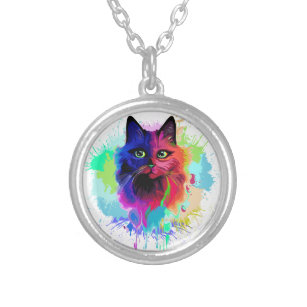 Cat Trippy Psychedelic Pop Art  Silver Plated Necklace