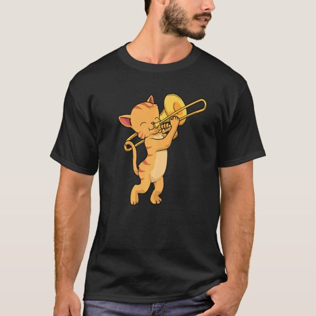Cat Trombone Music Men Cat Jazz Music Marching Ban T-Shirt (Front)