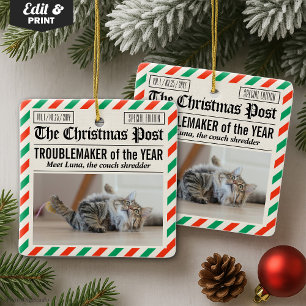 Cat Troublemaker Of The Year Christmas Newspaper Ceramic Ornament