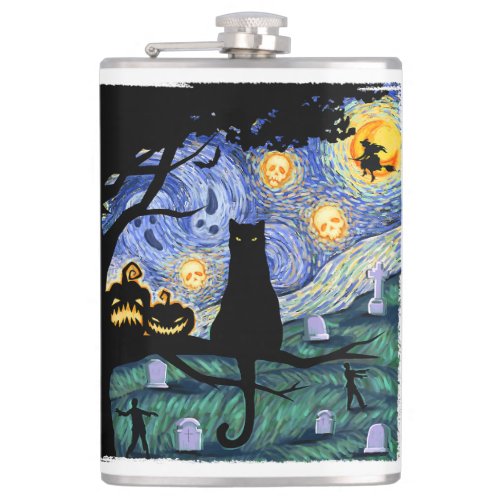 Cat Tshirt Scary Night Cat Tee Van Gogh Gifts Ha Flask