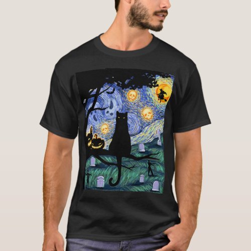 Cat Tshirt Scary Night Cat Tee Van Gogh Gifts Ha T_Shirt