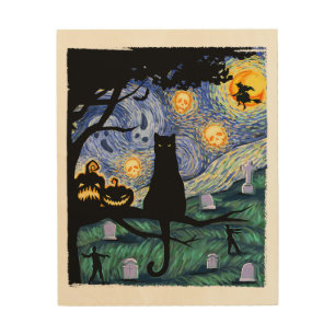 Cat Tshirt, Scary Night Cat Tee, Van Gogh Gifts Ha Wood Wall Art