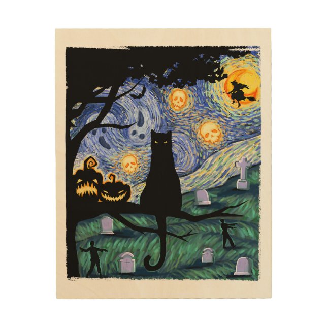 Cat Tshirt, Scary Night Cat Tee, Van Gogh Gifts Ha Wood Wall Art (Front)