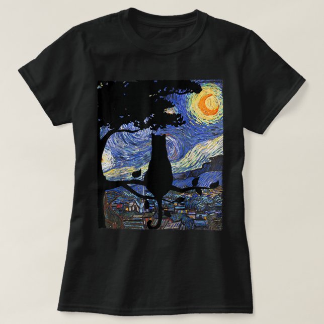 Cat Tshirt, Starry Night Cat Tee, Van Gogh Cat Gif T-Shirt (Design Front)