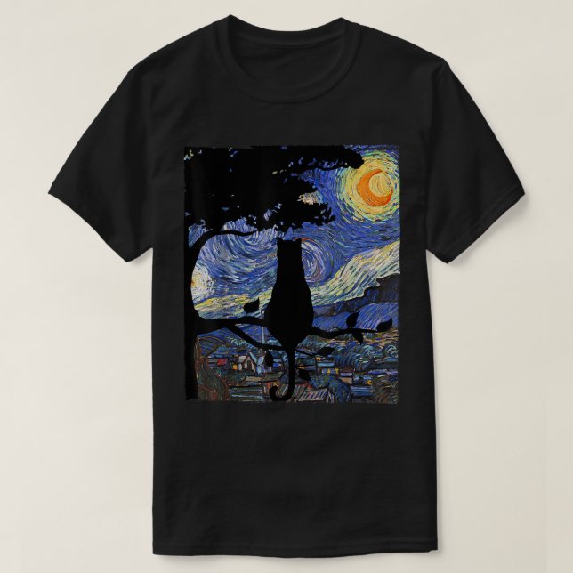 Cat Tshirt, Starry Night Cat Tee, Van Gogh Cat Gif T-Shirt (Design Front)