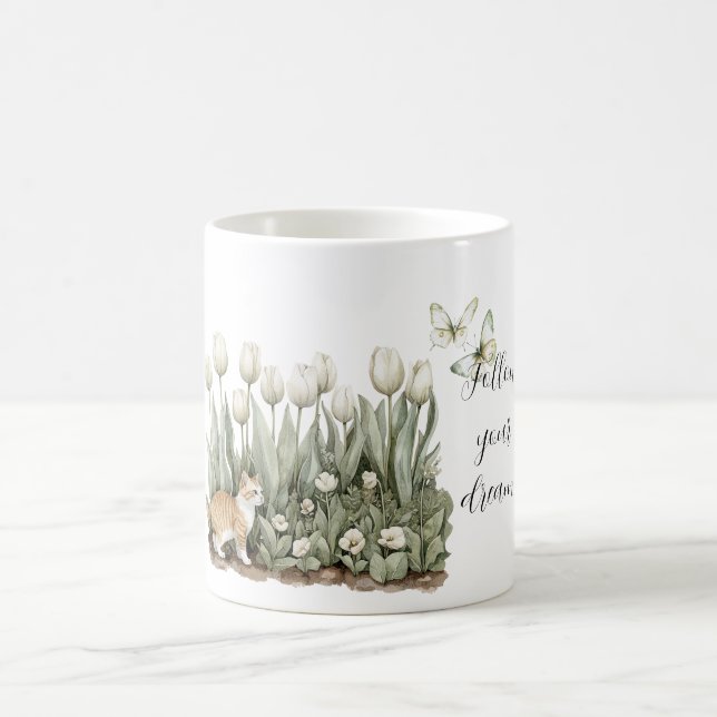 Cat Tulip Flowers Mint White Butterflies Coffee Mug (Center)