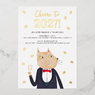 Cat Tuxedo New Year's Eve 2027 Foil Party Invite