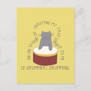 Cat Twelfth Day 12 Drummers Drumming Christmas Postcard