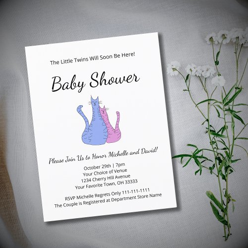 Cat Twins Blue Pink Elegant Baby Shower Announcement Postcard