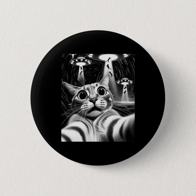 Cat Ufo Invasion _ Funny Cat Meme Retro Alien Cat  Button (Front)