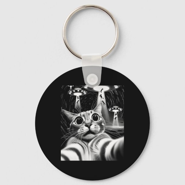 Cat Ufo Invasion _ Funny Cat Meme Retro Alien Cat  Keychain (Front)