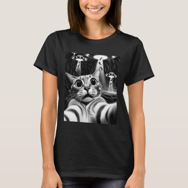 Cat Ufo Invasion _ Funny Cat Meme Retro Alien Cat  T-Shirt (Front)