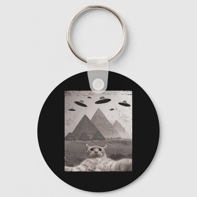 Cat Ufo Meme - Funny Cat Selfie With Ufos  Keychain (Front)