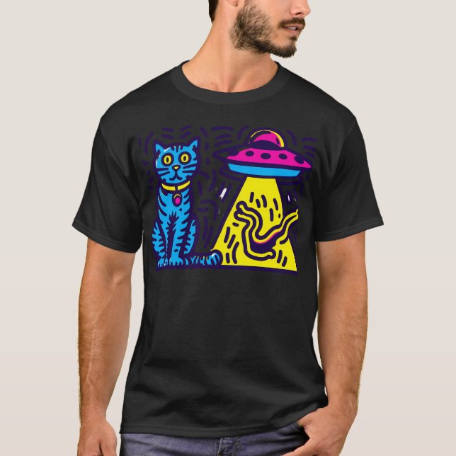 Cat Ufo Playing Cat Cat Cult T-Shirt (Front)