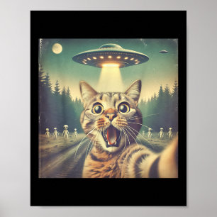 Cat Ufo Selfie Art Funny Cat Alien Poster