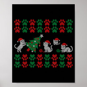 Cat Ugly Sweater Pattern Christmas Knitting  Poster