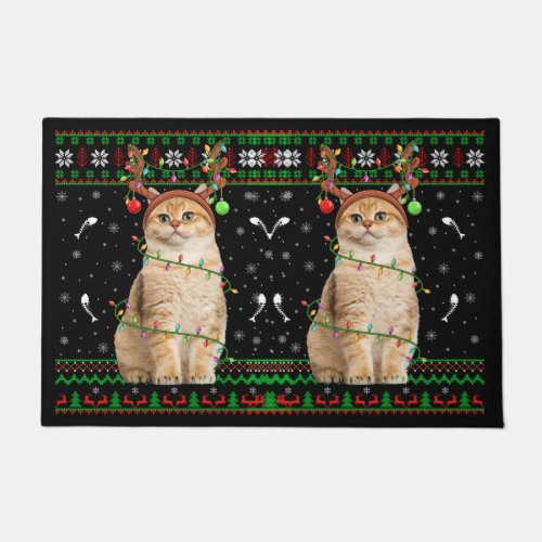 Cat Ugly Xmas Sweater Lighting Santa Cat Christmas Doormat