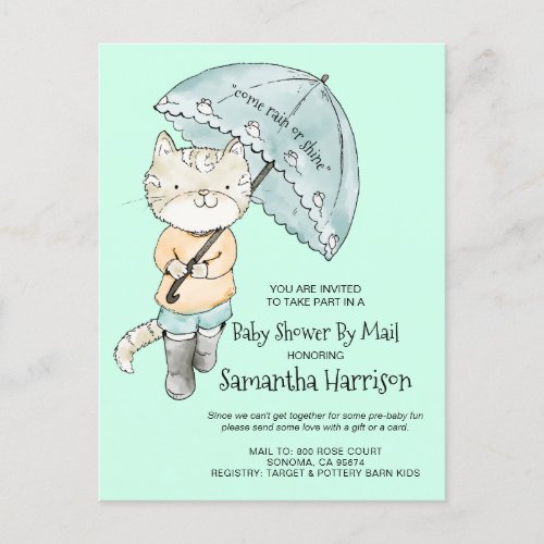 Cat Umbrella Boots  Baby Shower By Mail Invitation Postcard