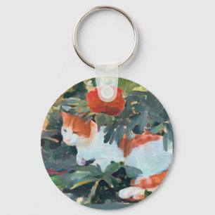 cat under a flowering bush A.I. enhanced Keychain