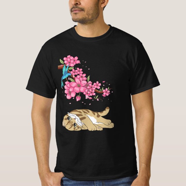 Cat Under Cherry Blossom Cute Japanese Kawaii Cat  T-Shirt (Front)