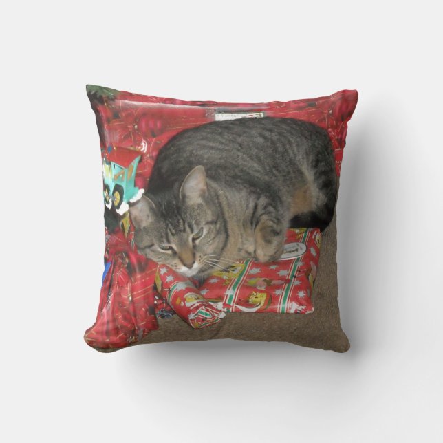 Cat Under Christmas Tree Throw Pillow (Front)