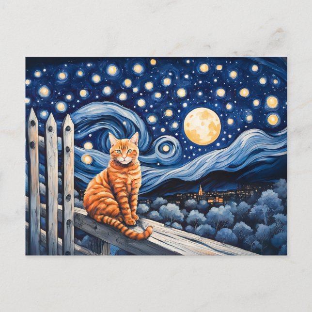 Cat Under Starry Night Watercolor Postcard (Front)