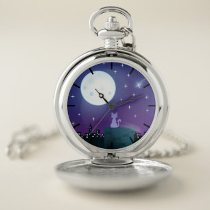 Cat Under The Moonlight Pocket Watch