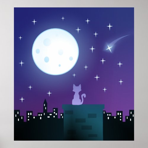 Cat Under The Moonlight Poster