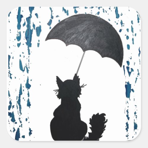 Cat Under Umbrella Square Sticker