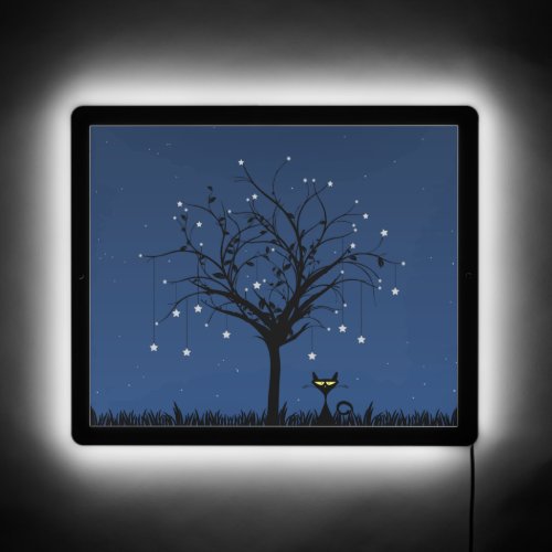 Cat under winter tree star night sky cute blue LED sign