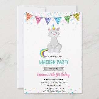 Cat unicorn birthday invitation