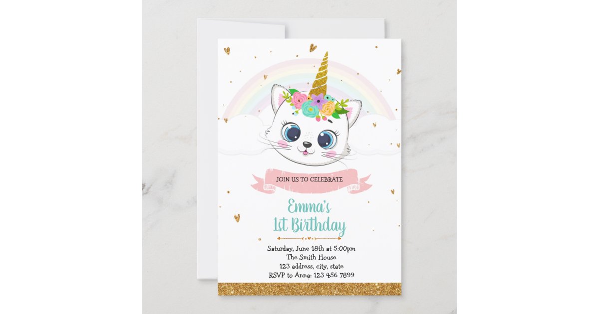 Cat unicorn birthday invitation | Zazzle