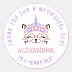 Cat Unicorn Birthday Thank You Pink Purple Blue Classic Round Sticker