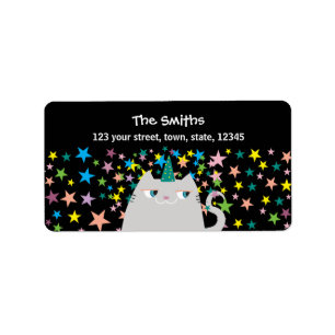 Cat Unicorn Colorful Stars Black Return Address Label