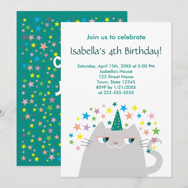 Cat Unicorn Cute Girl's Birthday Invitation (Front/Back)