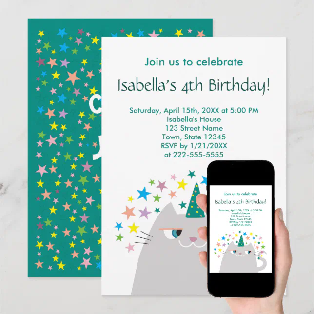 Cat Unicorn Cute Girl's Birthday Invitation | Zazzle