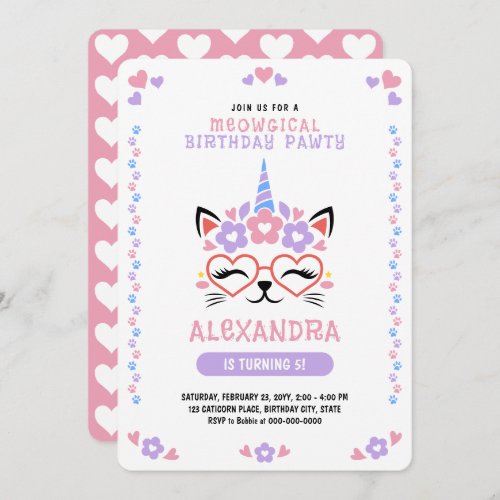 Cat Unicorn Hearts Pink Purple Blue Birthday Party Invitation