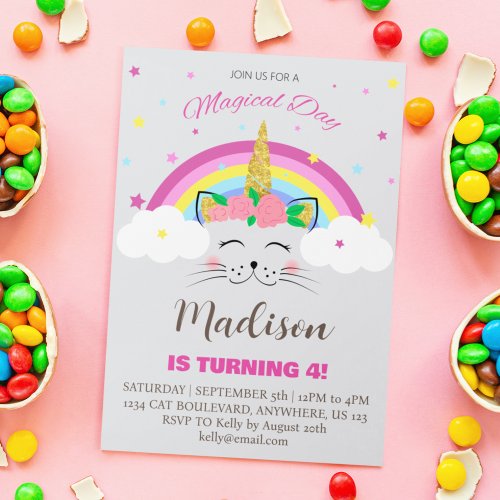 Cat Unicorn Magical Day Girls Birthday Party Invitation